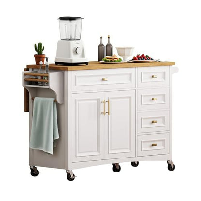 52" Kitchen Island with Storage, Wheels & Drop Leaf, Adjustable Shelf | Oak Top, White Retro Kitchen Cart on Casters, 2 Cabinets, 5 Drawers, Spice Rack, Towel Bar, Durable, Easy Assembly - color: White