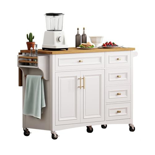 52" Kitchen Island with Storage, Wheels & Drop Leaf, Adjustable Shelf | Oak Top, White Retro Kitchen Cart on Casters, 2 Cabinets, 5 Drawers, Spice Rack, Towel Bar, Durable, Easy Assembly - color: White