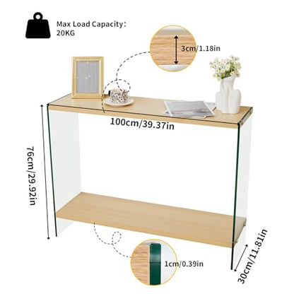 Console Table 2-Tier: 39.4 in Wide Rectangle Wood Shelf Glass Sides | Modern Desk Console Sofa Table Stand for Entryway - size: 39.3“W x 11.8"D x 30"H
