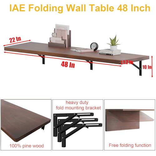 IAE Floating Wall Mounted Folding Table Desk with Pine Wood,48x22in, Walnut | Foldable Workbench,Fold Down Wall Mounted Foldable Desk with Shelf Brackets,Laundry Folding Table for Home,Dining,Kitchen - color: Walnut, size: 48*22*10 Inch