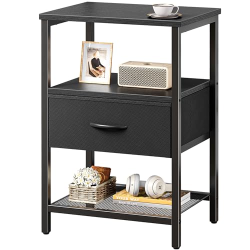Huuger Night Stand with Fabric Drawer, Side Table with Mesh Shelf, Bedroom Nightstand, Fabric Drawer Dresser, Open Shelf, Metal Frame, Couch Side, Black | Bedroom Nightstand, Fabric Drawer Dresser, Open Shelf, Metal Frame, Couch Side, Black - color: Black