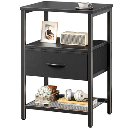 Huuger Night Stand with Fabric Drawer, Side Table with Mesh Shelf, Bedroom Nightstand, Fabric Drawer Dresser, Open Shelf, Metal Frame, Couch Side, Black | Bedroom Nightstand, Fabric Drawer Dresser, Open Shelf, Metal Frame, Couch Side, Black - color: Black