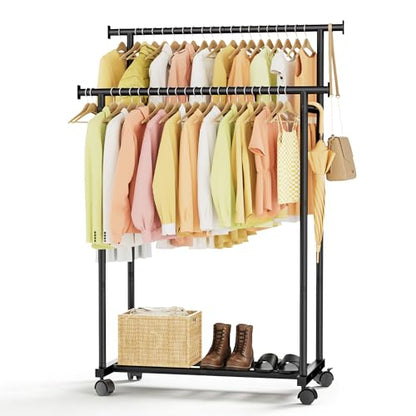 Double Rods Clothes Rack with Wheels, Garment Racks for Hanging Clothes, Multifunctional Metal Clothing Racks, Portable Wardrobe Rack for Clothing Organizers and Storage, Black