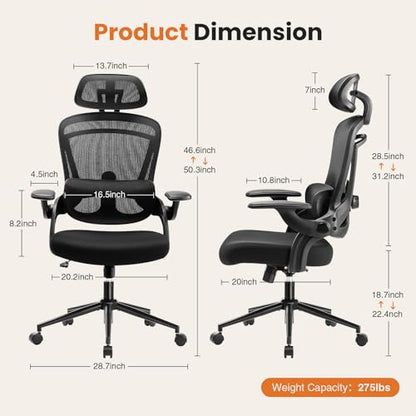 DUMOS Executive Home Office Chair, Ergonomic Computer Desk Chair, Mesh | 300 LBS, High Back, 2D Headrest, Adjustable Lumbar Support, Flip-up Armrests, Swivel Wheels, Black - color: Black