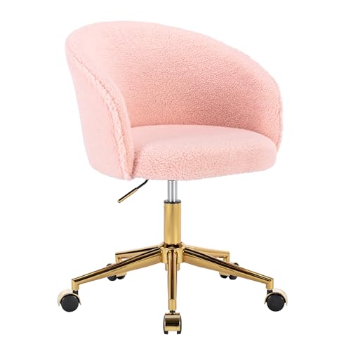 Faux Fur Makeup Vanity Chair,Home Office Desk Chair with Wheels, Blue | Fluffy Swivel Modern Armchair Upholstered Fuzzy Height Adjustable for Teens Women Girls Elegant for Living Room Bedroom - color: Round Pink+golden Base