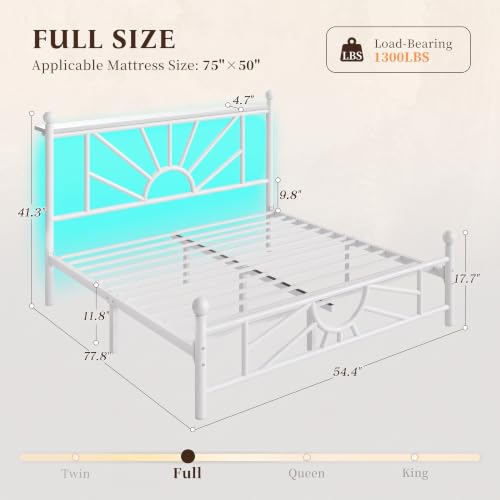 Homkdom Full Metal Bed Frame with Victorian Headboard & Storage Shelf | Under-Bed Storage for Teens Room & Apartments, Slip Resistant, LED lights, No Box Spring Needed, 1300lbs stability, Black - color: White, size: Full