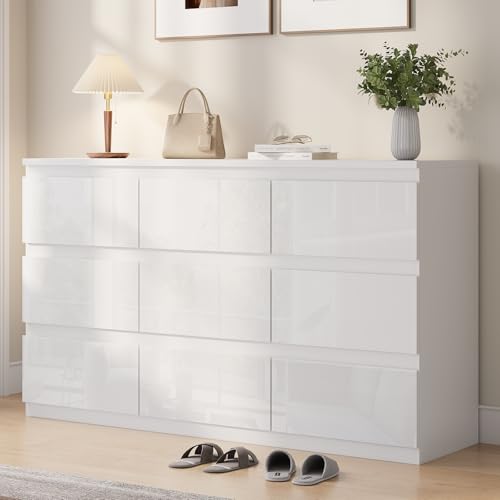 White 9 Drawer Dresser for Bedroom Wooden 55" Wide | Modern, Handle-Free, long, for Living Room, Entryway, TV Stand - size: 15.4"D x 33.9"W x 55.1"H (9 Drawers)