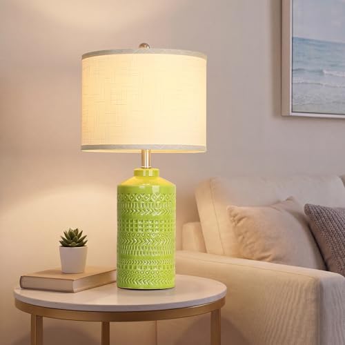 JUNNAI Light Green Ceramic Table Lamp 25 inch 3-Way Dimmable Nightstand Lamp with White Linen Shade Bedside Lamp for Living Room Bedroom Office Reading (Bulb Included) - color: Light Green