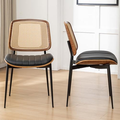 Rattan Dining Room Chairs Set of 4,Mid Century Black PU Leather Kitchen Chairs,Upholstered Seat Metal Legs Chairs with Adjustable Foot Pads,Walnut Armless Side Chairs - color: Black, size: Set of 4