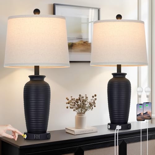 CINSARY 25" Retro Black Farmhouse Jar Table Lamps Set of 2, 3 Way Touch Control Rustic Bedside Lamps with USB A+C Ports & AC Outlet, Pot Nightstand Lamps for Bedroom Living Room (LED Bulbs Included) - color: Retro Black