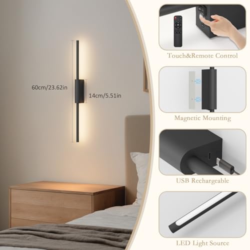 23.6In Battery Operated Wall Sconces Set of Two,10000mAh Rechargeable Sconce 3 Colors Dimmable Wireless Sconces for Living Room - size: 23.6Inch