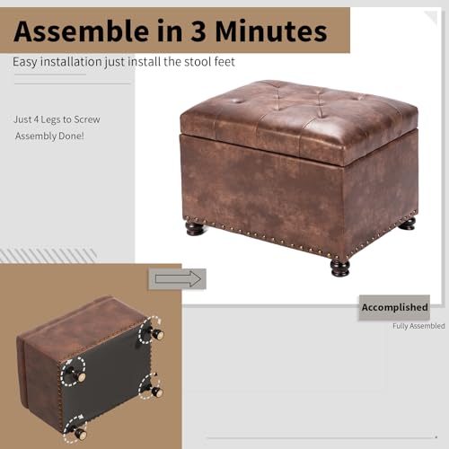Leather Storage Ottoman, 24" Rectangle Tufted Square Upholstered Bench, Foot Rest Stool with Wood Legs, Footstool for Living Room Bedroom, Coffee - color: Coffee