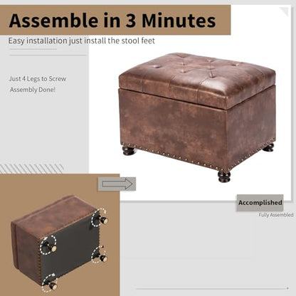 Leather Storage Ottoman, 24" Rectangle Tufted Square Upholstered Bench, Foot Rest Stool with Wood Legs, Footstool for Living Room Bedroom, Coffee - color: Coffee