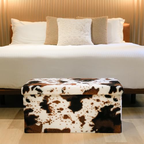 Luxe Faux Fur Storage Ottoman, Cowhide Brown/White, 30 x 15 x 15 in | Engineered Wood, Tool-Free Assembly, Modern Style, Seat And Footrest - color: Cowhide Brown/White, size: 30"D x 15"W x 15"H