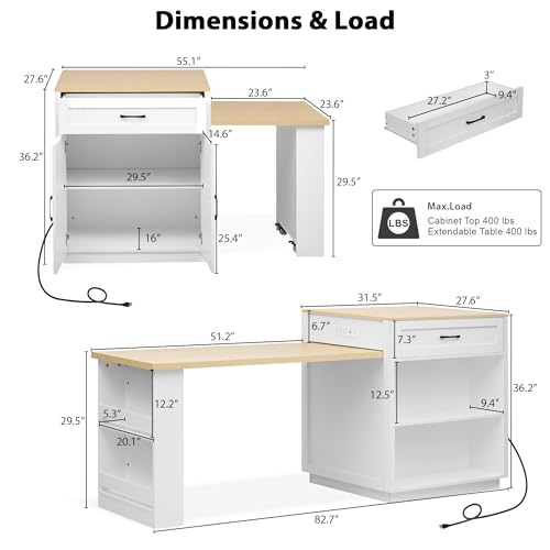 Kitchen Island, Extendable Dining Table with Power Outlet | Extendable dining table seats 2-6 guests, slides from compact prep island to family dining setup - color: White Oak + Natural Wood Grain Table + Mdf