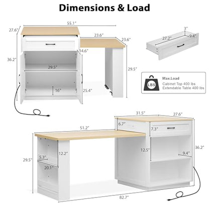 Kitchen Island, Extendable Dining Table with Power Outlet | Extendable dining table seats 2-6 guests, slides from compact prep island to family dining setup - color: White Oak + Natural Wood Grain Table + Mdf