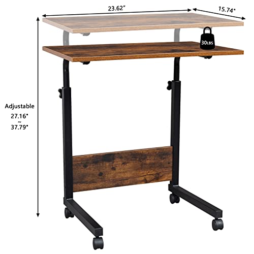 Sofa Side Table C Shaped End Table with Wheels, Rolling Bedside Laptop Table Snack Table TV Tray, Height Adjustable, Wooden Top & Metal Frame - color: Retro Brown, 23.6"