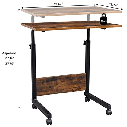 Sofa Side Table C Shaped End Table with Wheels, Rolling Bedside Laptop Table Snack Table TV Tray, Height Adjustable, Wooden Top & Metal Frame - color: Retro Brown, 23.6"