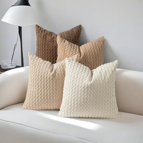 Set of 4 Bubble Chenille Throw Pillow Covers 18x18 Inch, Soft Textured Neutral Pillow Cases, Modern Minimalist Cushion Covers for Sofa Couch Living Room Bedroom, Earth Tone - color: Light Tan