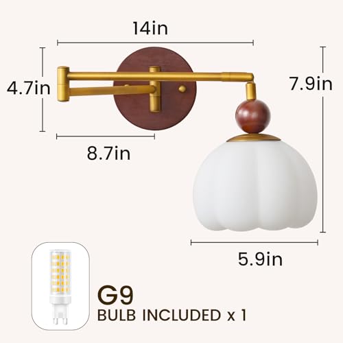 Swing Arm Wall Sconce, Hardwired Mid Century Modern Adjustable Sconce with Gold Metal Swing and Flower Shade, Retro Farmhouse Wall Mount Light for Bedroom Bedside Reading Living Room Hallway