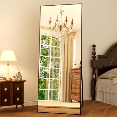 64"x21" Full Length Mirror, Full Body Mirror with Stand,Black | HD Shatterproof Tempered Glass, Freestanding/Wall/Lean, Rectangle Floor Mirror Aluminum Alloy Frame for Bedroom Living Room - color: Black, size: 64"L x 21"W