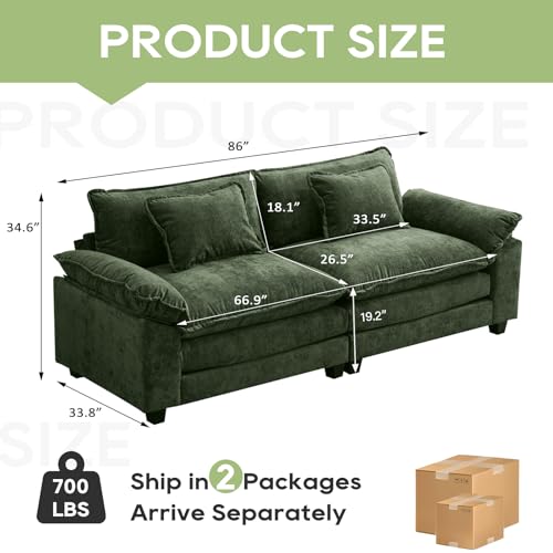 86" Modular Sectional Sofa, Comfy Loveseat Deep Cloud Couch | Couches for Living Room, Modular Couch, Deep and Wide Seat, Chenille Sofa Sleeper with Throw Pillows, Green - color: Green, size: 86 Inch