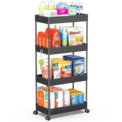SPACEKEEPER Storage Cart 4-Tier, Bathroom Rolling Cart Utility Storage Organizer Shelf Mobile Shelving Unit for Kitchen Living Room Bathroom Laundry Room & Dressers, Black | Mobile Storage Cart for Laundry Room Organization,Kitchen,Office,Bathroom, Utilit
