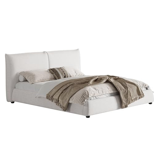 Christopher Knight Home Deft Wooden King Bed Frame and Headboard, Luxurious Upholstered King Size Bed Frame with Linen Fabric Pillow-Back Headboard, Modern Design Bed Set, Easy Assembly, Beige - size: King Size