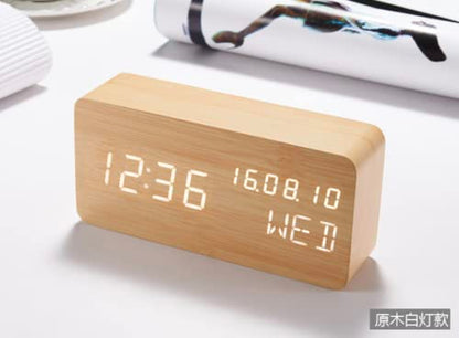 Wood Digital Alarm Clock Desk Time, Date(MM/DD/YY), Day of The Week, Temperature, Nightlight Large LED Display Portable Lamp Bedroom, Office, School, Home, Livingroom, Room (Bamboo) - color: Bamboo