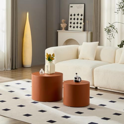 Round Nesting Coffee Table Set of 2 for Living Room, Orange | Saddle Leather Side Tables, 19 in. and 15 in. Accent and End Tables, Wood Frame, 200 lbs Capacity, Bedroom Home Office - color: 19.1" Round Orange