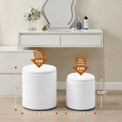 oakvivo Round Set of 2 Ottoman with Storage, Boucle Storage Ottoman Foot Stool, Soft Teddy Upholstered Small Vanity Stool, Ottomans Padded Seat Foot Rest for Living Room Bedroom, White - color: White