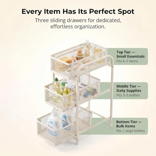 3 Tier Under Sink Organizer, Pull Out Cabinet Storage Organizer with Sliding Mesh Drawers, Heavy Duty Metal Under Sink Storage for Kitchen, Bathroom, Cabinet, Small Space, White, 1 Pack