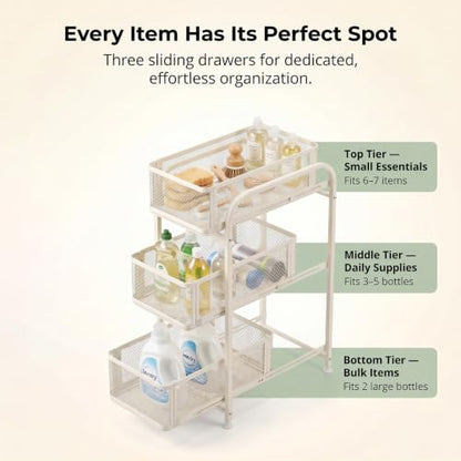 3 Tier Under Sink Organizer, Pull Out Cabinet Storage Organizer with Sliding Mesh Drawers, Heavy Duty Metal Under Sink Storage for Kitchen, Bathroom, Cabinet, Small Space, White, 1 Pack