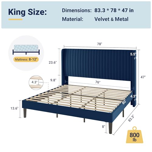Allewie King Size Velvet Bed Frame/Vertical Channel Tufted Wingback Headboard/Upholstered Platform Bed/Strong Wooden Slats/No Box Spring Needed/Easy Assembly/Blue - color: Blue, size: King