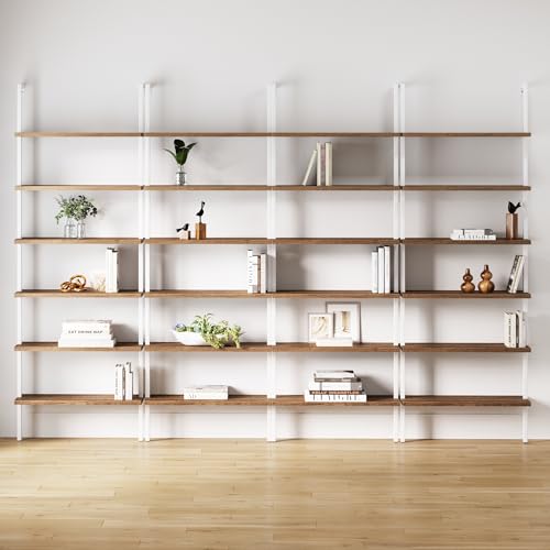 Nathan James Theo 6-Shelf Tall Bookcase, Wall Mount Bookshelf with Natural Wood Finish and Industrial Metal Frame, Rustic Oak/White, Set of 4 - color: Oak/Matte White, size: Set of 4