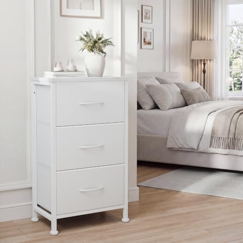 OLIXIS 3 Drawer Dresser for Bedroom, Small Night Stand Chest of Drawers | Bedside Table with Metal Frame, Removable Fabric Bins Storage Organizer for Closet, White - color: White