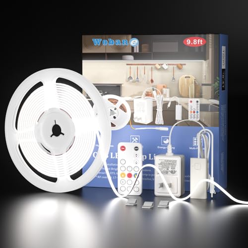 WOBANE Dimmable COB LED Strip with RF Remote,9.8ft Under Cabinet Lighting | 6000K White,RF Remote,Super Bright,1500lm,24W ETL Adapter,CRI90+,Light Strip for Kitchen,Ceiling, Room, Closet,Counter - color: White, size: 9.8ft COB