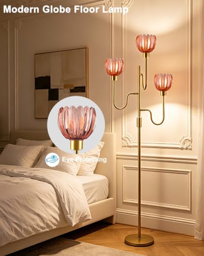 Lightdot Dimmable Red Glass Floor Lamp Mid Century Modern Gold Floor Lamps with Warm White Bulbs Included 3-Arm Standing Tall Lamp with 5Lbs Heavy Base for Living Room/Bedroom/Home Office - color: 3 Red Tulip-Gold