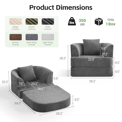 HUBSON 2-in-1 Folding Sofa Bed, Chenille Convertible Single Sleeper Chair Bed, Modern Boneless Foldable Couch, High-Density Foam Lounge Chair for Living Room, Bedroom, No Assembly Required, Dark Grey - color: Dark Grey