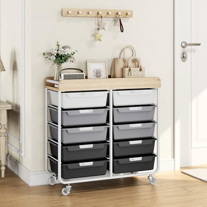 10 Drawer Rolling Storage Cart with Wood Top for Classroom Crafts Grey | Easy Setup, Large Capacity, Sturdy Build, Lockable Mobility, For office, classroom and home supplies - color: Grey
