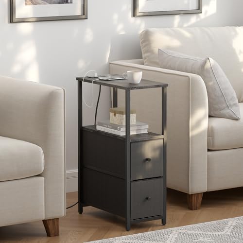 TUTOTAK Narrow End Table with Charging Station, Skinny Side Table | Bedside Table with Outlets, Nightstand with 2 Cloth Drawers, Couch Table for Living Room, Bedroom, Charcoal Grey TB01BY055 - color: Charcoal Grey, style: 2 Drawers & Plug