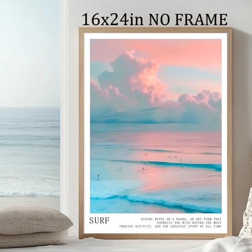 Pink and Blue Coastal Wall Art Cute Preppy Summer Pictures Aesthetic Summer Posters Trendy Beach Pictures Blue Ocean Painting Coastal Cowgirl Artwork Beach Wave Picture for Home Room 16x24in Frameless - color: C1Unframed