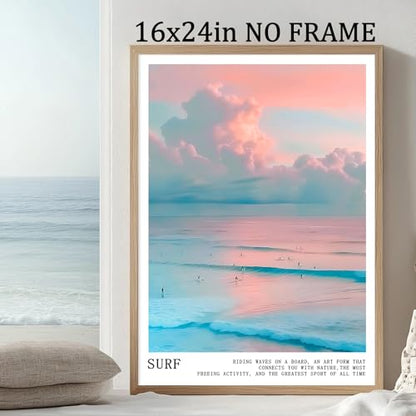 Pink and Blue Coastal Wall Art Cute Preppy Summer Pictures Aesthetic Summer Posters Trendy Beach Pictures Blue Ocean Painting Coastal Cowgirl Artwork Beach Wave Picture for Home Room 16x24in Frameless - color: C1Unframed