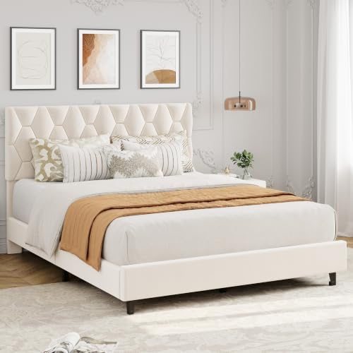 GAOMON Beige Queen Bed Frame with Upholstered Headboard, Heavy-Duty Platform Bed Frame with Strong Wood Slats, No Box Spring Needed/Noise Free/Easy Assembly | Heavy-Duty Bed Frame with Wooden Slats Support Upholstered Mattress Foundation No Box Spring Nee