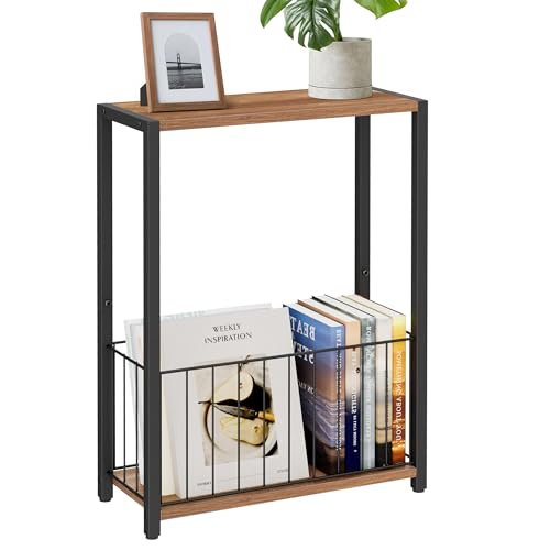 Homleke Narrow Side Table with Magazine Holder, Skinny End Table | Space-Saving Design, Small Spaces, Storage Shelf, Metal Frame, Easy Assembly, 7.1" D x 16.9" W x 23.6" H, Rustic Walnut - color: Rustic Walnut - Standard