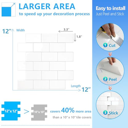 STICKGOO Subway Tile Peel and Stick Backsplash, Thicker Design 12" x 12" Stick on Backsplash Tiles for Kitchen, Bathroom, Wall Tile (10 Sheets, Bright Glossy White) - color: Bright Glossy White