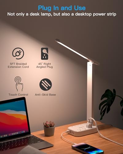 One Beat Small LED Desk Lamp Power Strip 5ft Extension Cord with 3 Outlets 4 USB Ports(2 USB C), 4 Modes, 5 Level Touch Lamp Study Reading Light, Home Office Bedroom College Dorm Room Essentials,White | One Beat 4 Modes 5 Level Brightness Touch Lamp, Smal