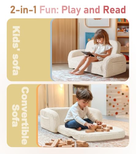 little dove 2-in-1 Sherpa Fold Out Kids Couch, Extra Wide Comfy Kid Chair, Convertible Kids Sofa, Foldable Kid Couch with High Density Foam for Boys & Girls, Beige - color: Beige