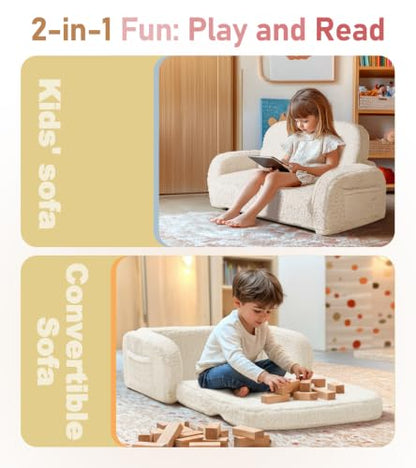 little dove 2-in-1 Sherpa Fold Out Kids Couch, Extra Wide Comfy Kid Chair, Convertible Kids Sofa, Foldable Kid Couch with High Density Foam for Boys & Girls, Beige - color: Beige