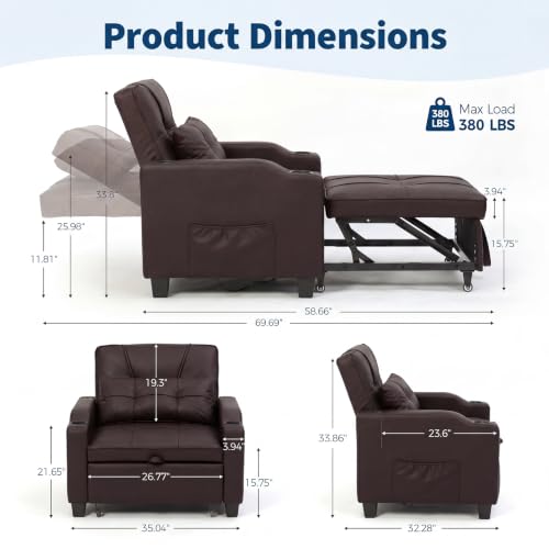 Sleeper Chair Pull Out Bed for Adults, 4 in 1 Convertible Sofa Chair Bed, Single Recliner Sofa with Vibration Massage Lumbar Pillow, USB & Type-C Ports, Cup Holders and Side Pocket, Retro Brown - color: Retro Brown